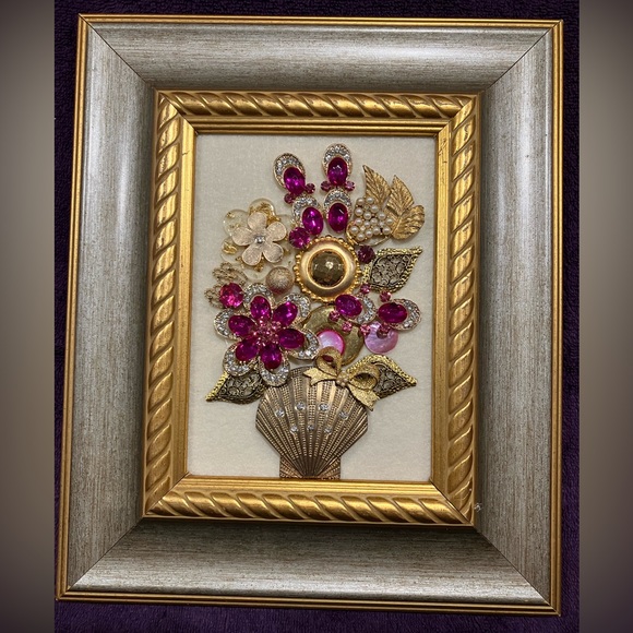 FRAMED JEWELRY ART COLLAGE HANDMADE UNIQUE OOAK GIFT π IDEA. BRIGHT GOLD FRAME - Picture 13 of 13